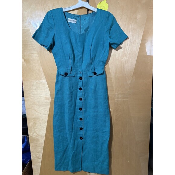 Vintage Bonnie Marx Womens Dress 8 Green Blue 80s Short Sleeve - Picture 1 of 8